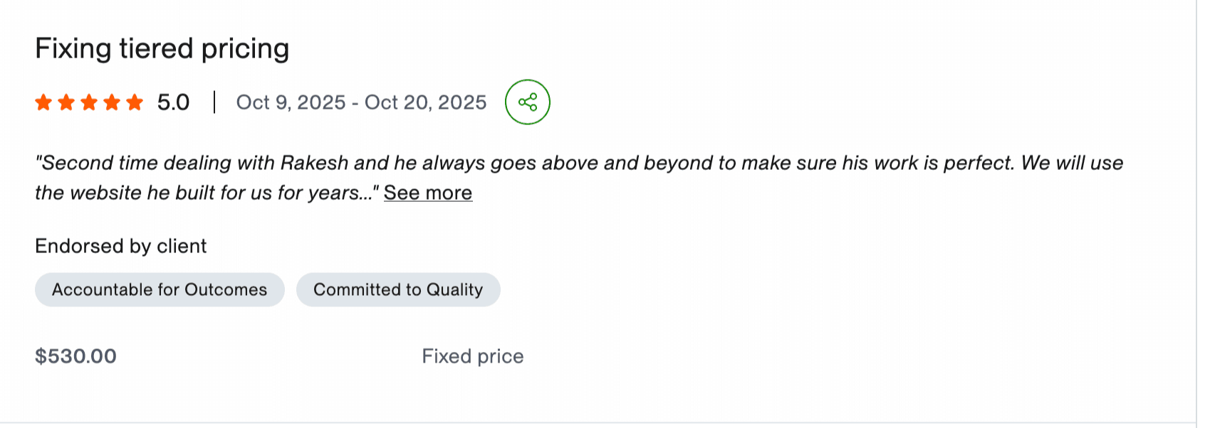 Upwork client review for fixing tiered pricing project