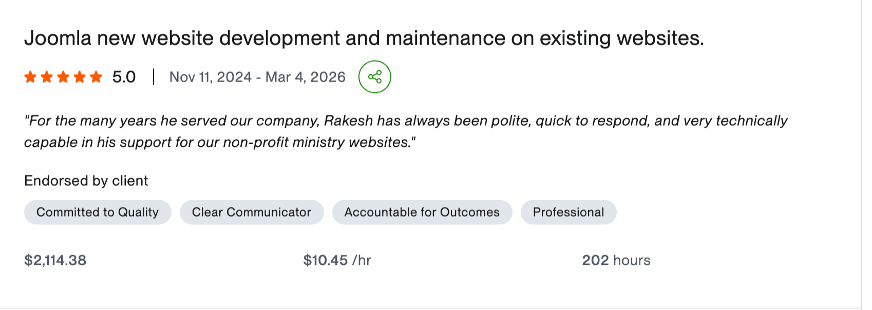 Upwork client review for Joomla website development and maintenance
