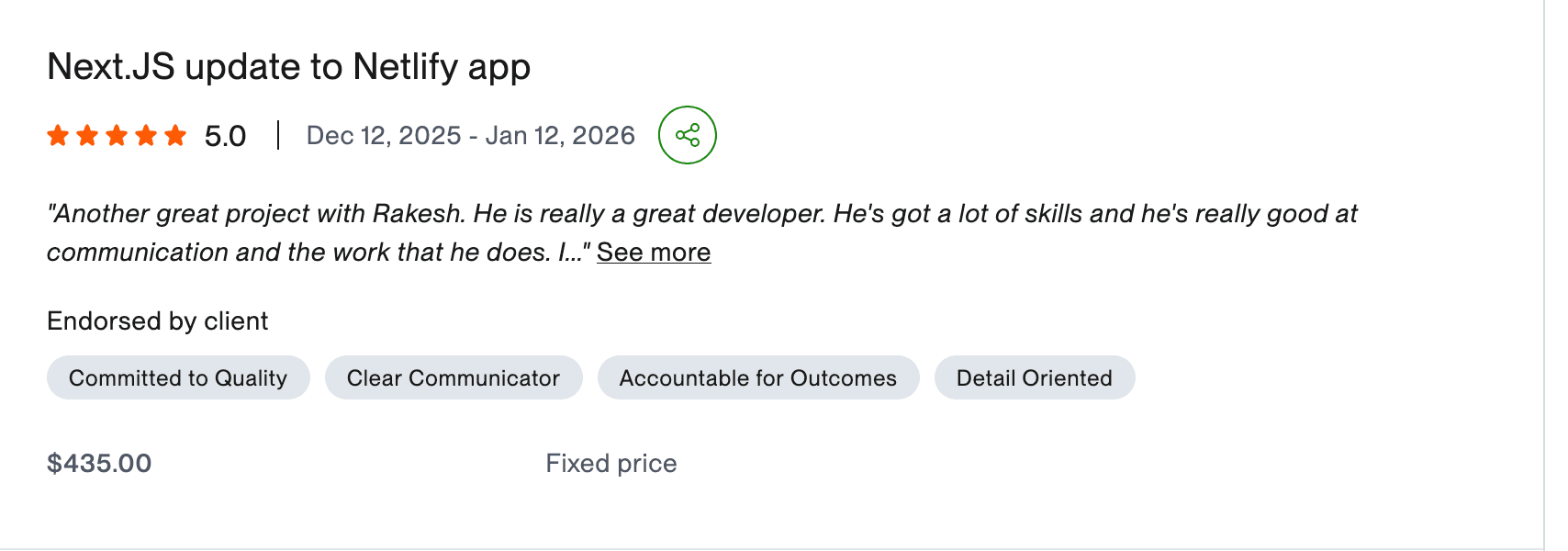 Upwork client review for Next.js Netlify app update