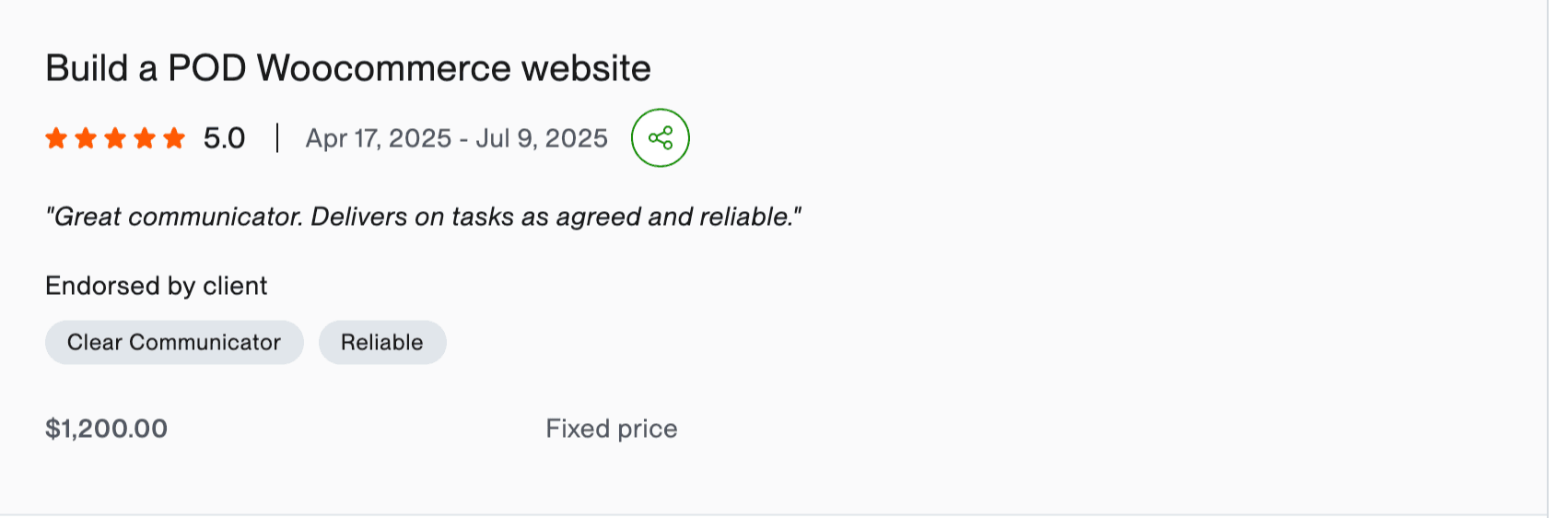 Upwork client review for POD WooCommerce website project