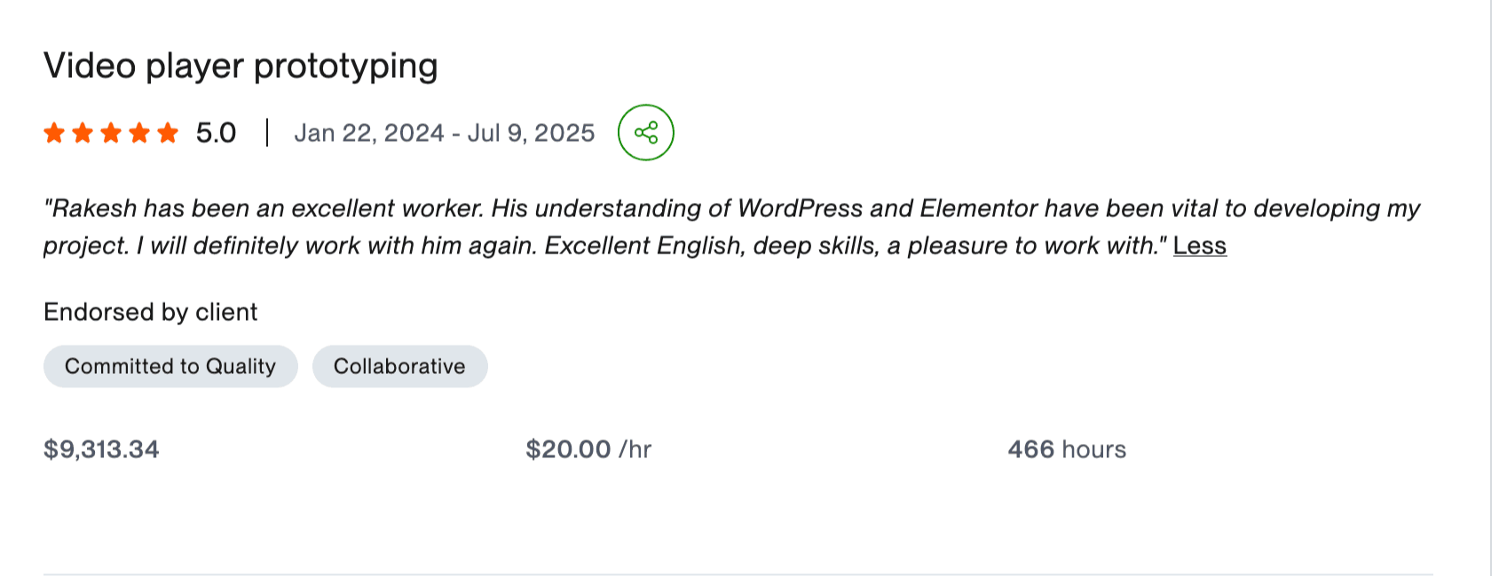 Upwork client review for video player prototyping project