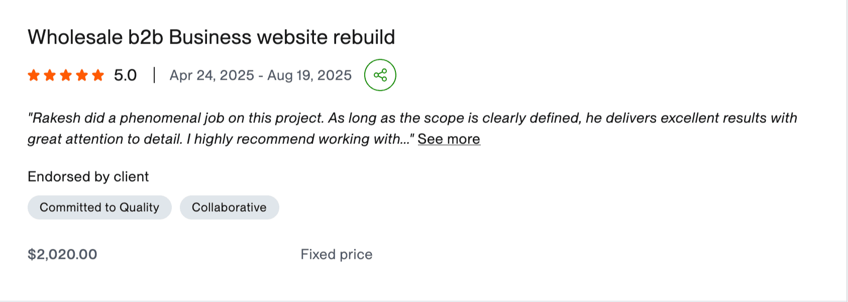 Upwork client review for wholesale B2B business website rebuild