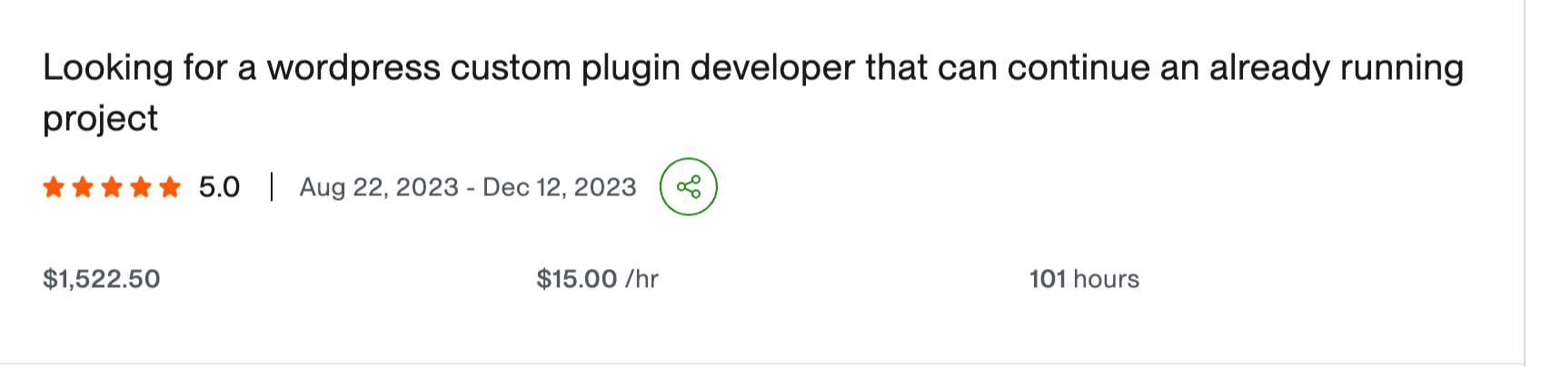 Upwork client review for WordPress custom plugin development