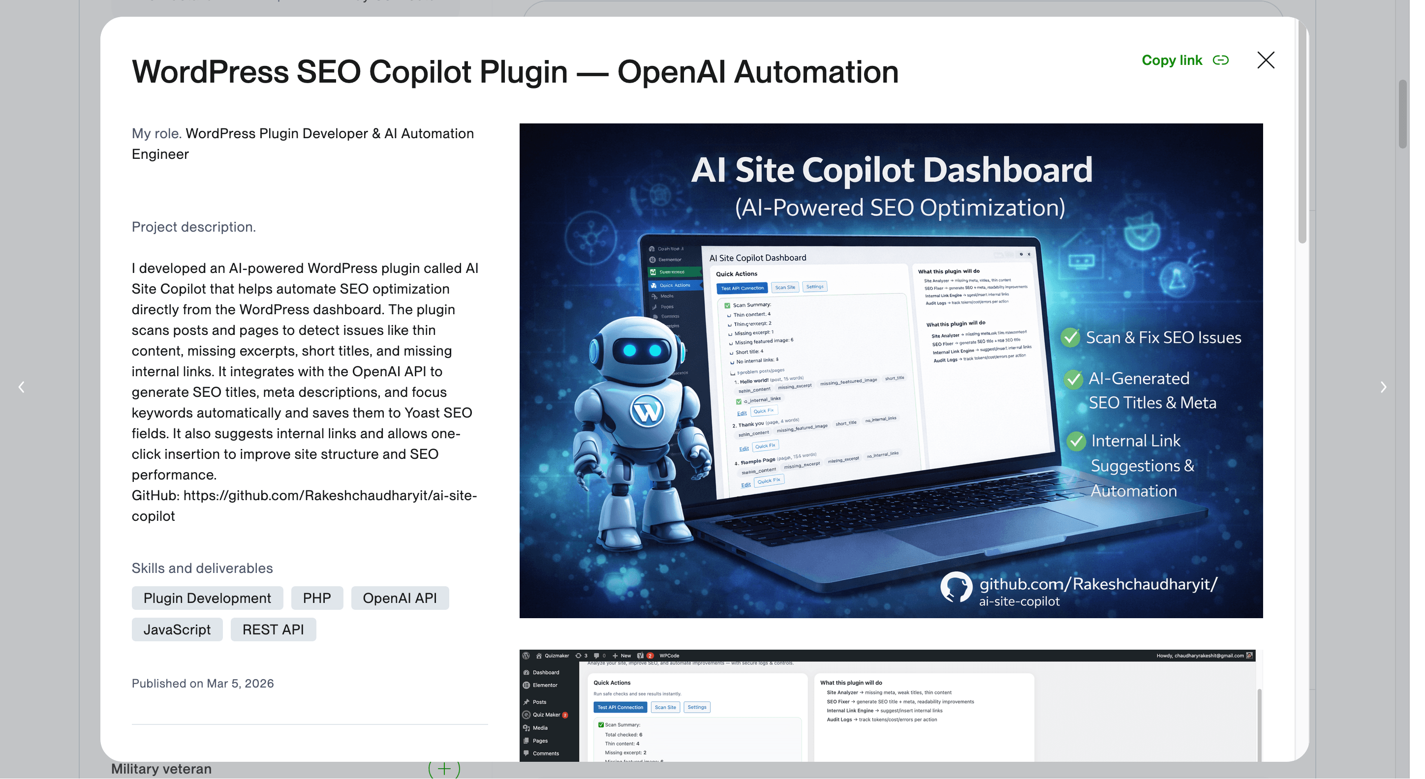 WordPress SEO Copilot plugin dashboard with OpenAI automation