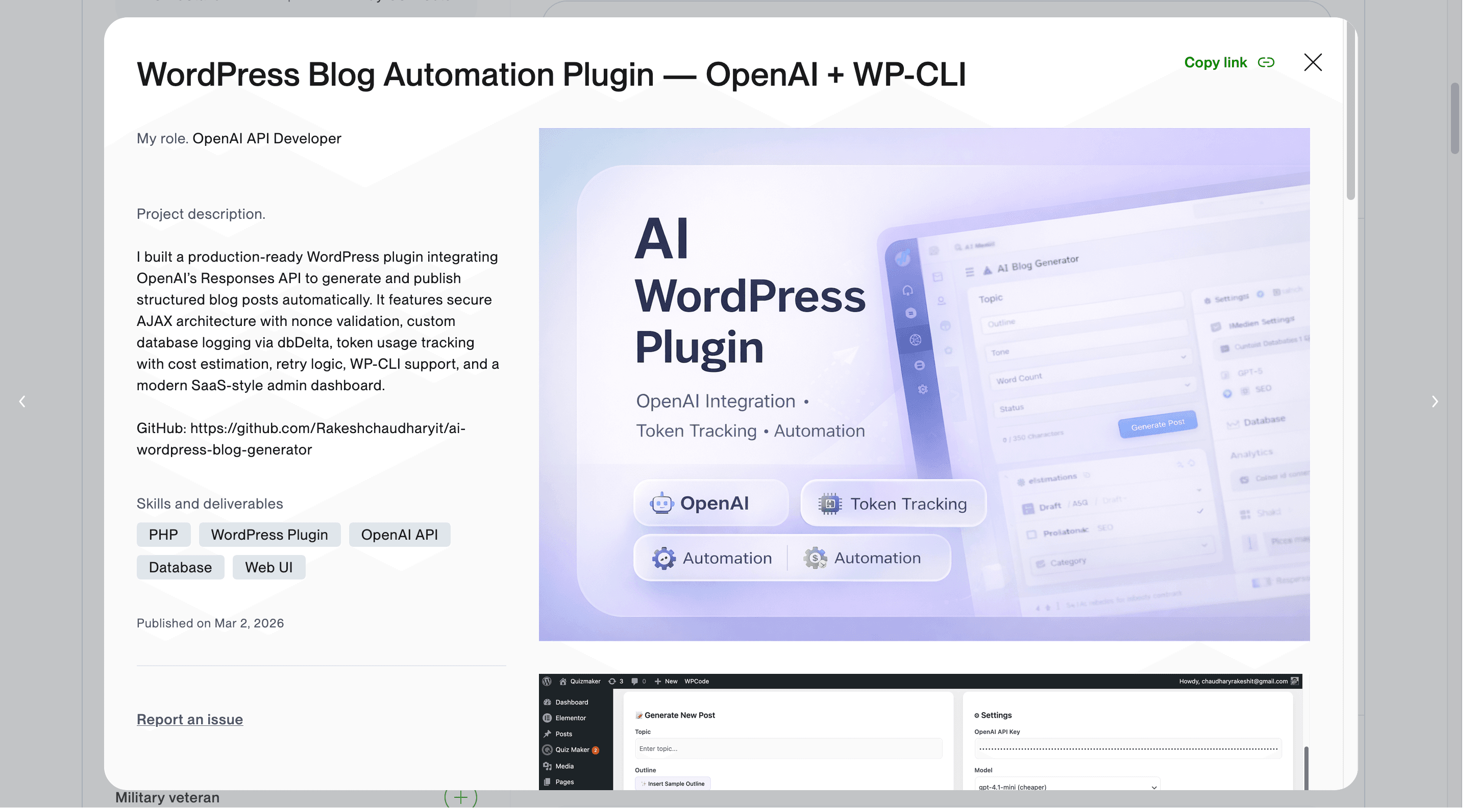 WordPress blog automation plugin dashboard using OpenAI and WP-CLI