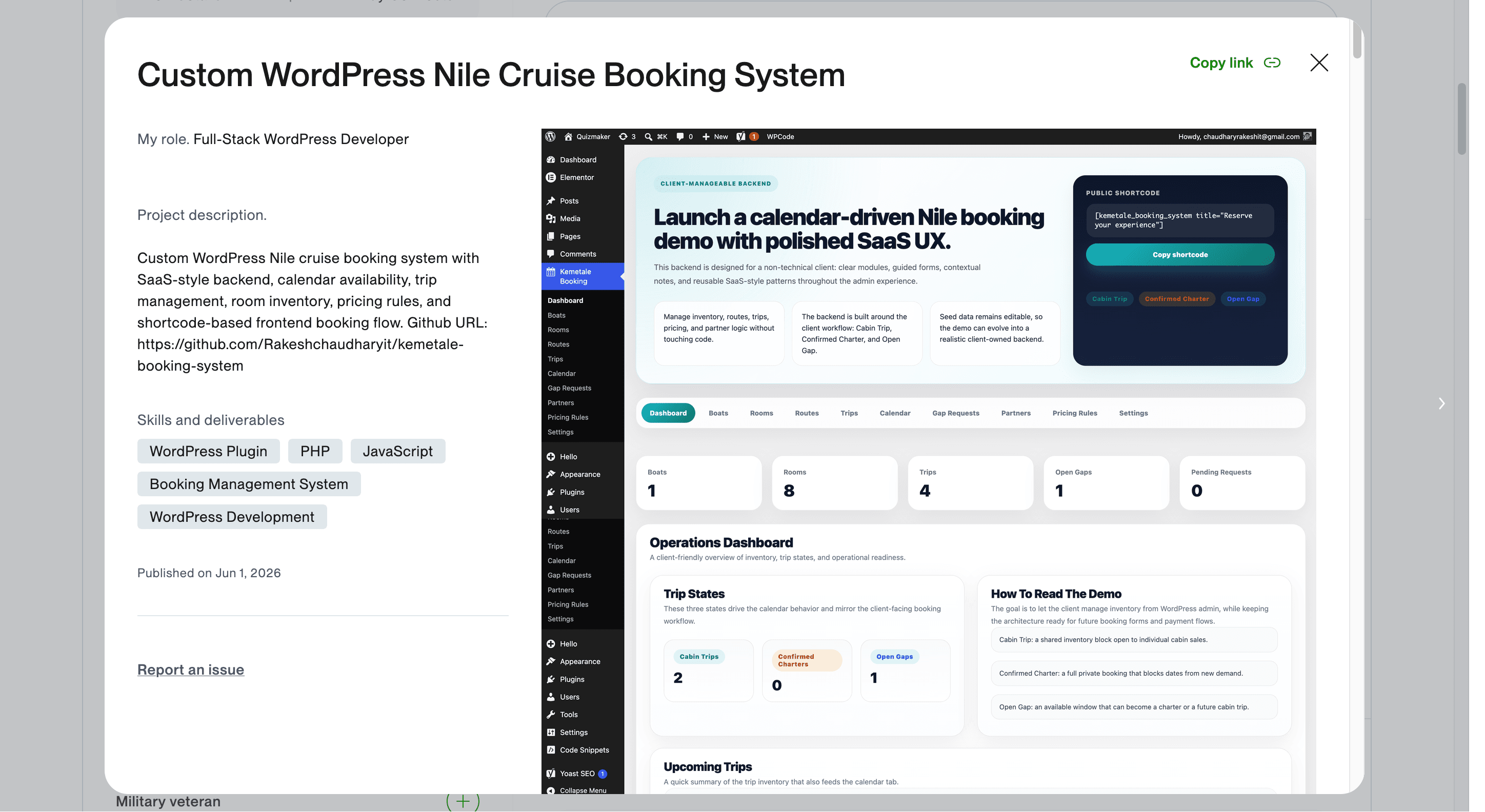 Custom WordPress Nile cruise booking system admin dashboard